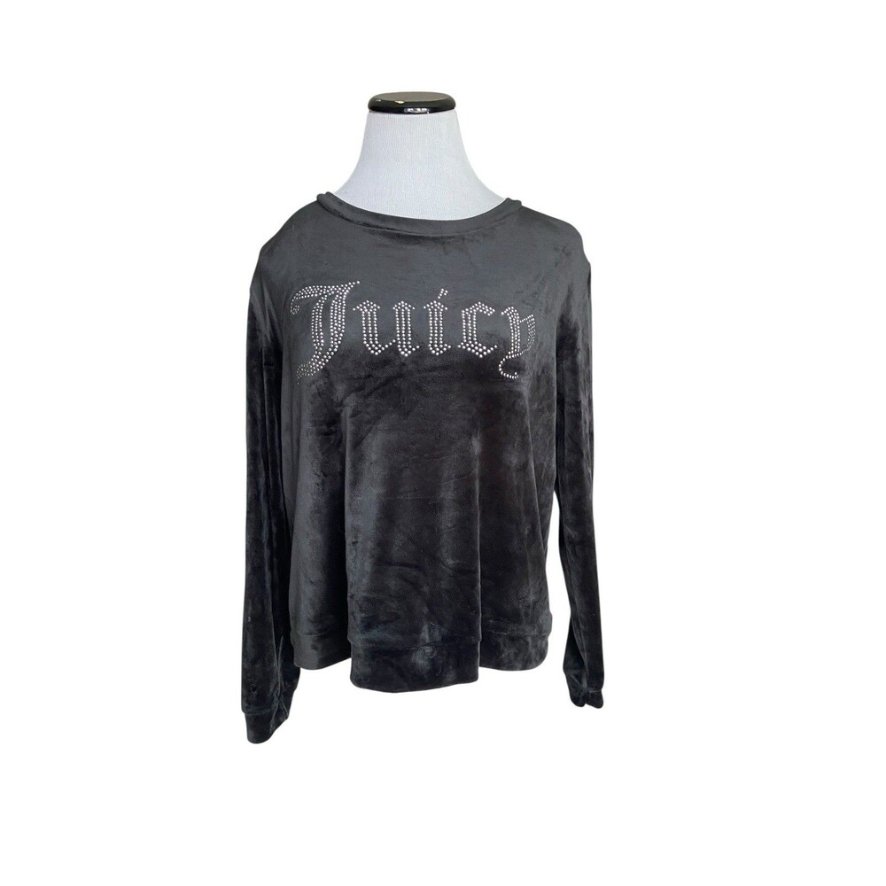 Juicy Couture Velour Rhinestone Long Sleeve Top Size L Black Y2K Loungewear Logo